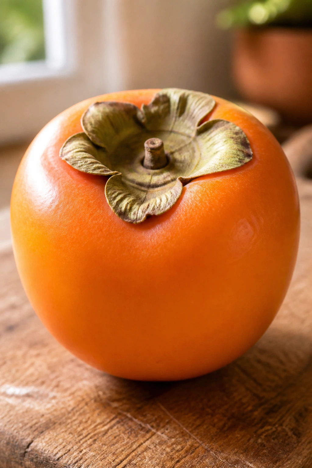 What Is Non Astringent Persimmon? All You Need To Know 1 Close-up of a single non-astringent persimmon on a wooden cutting board in a sunlit kitchen