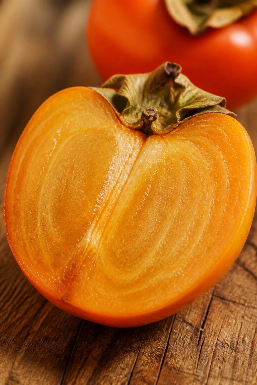 Close-up of ripe persimmon cut in half revealing honey-colored flesh