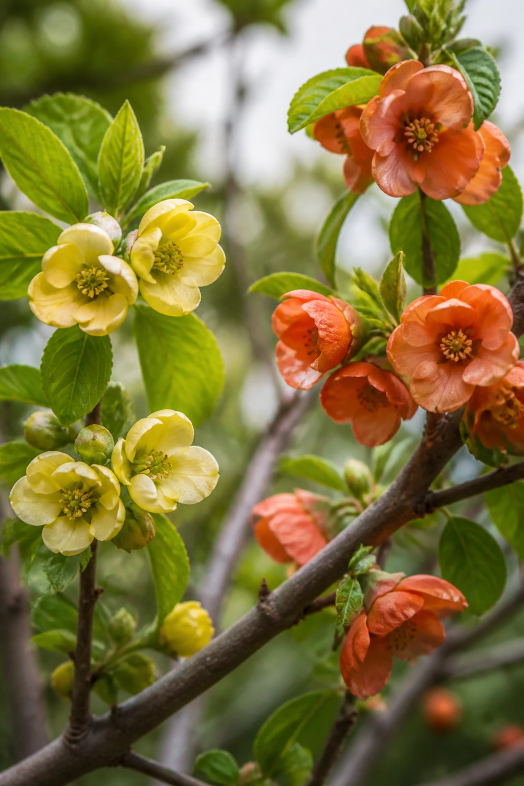 Close-up of two persimmon blossoms from different varieties in bloom.