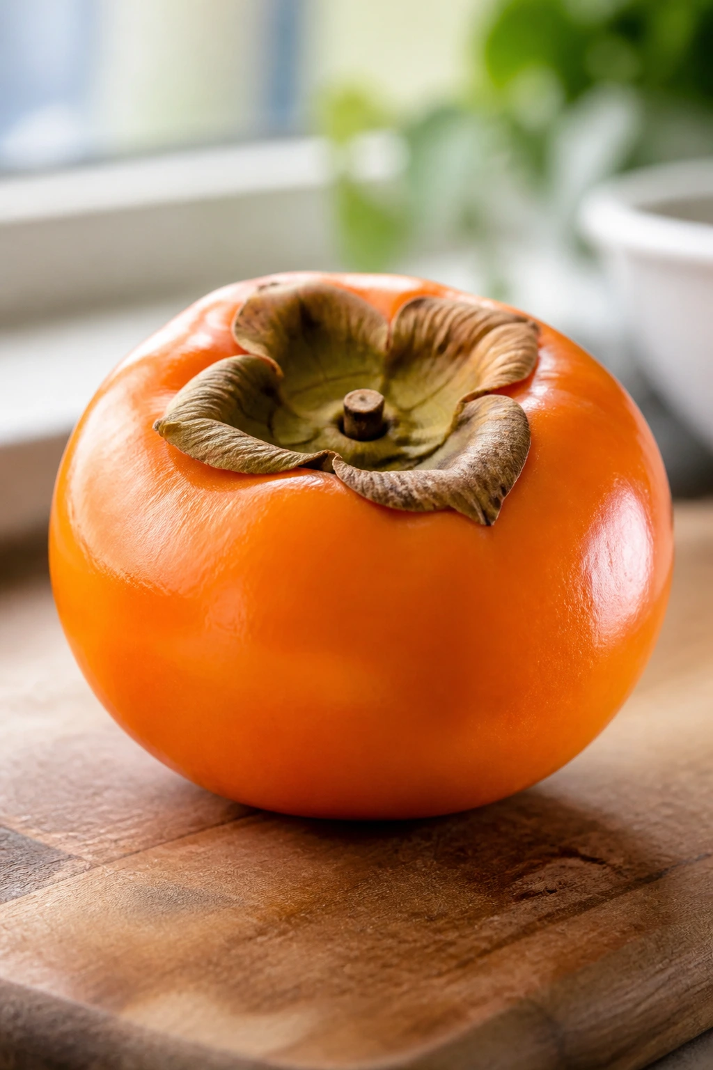 Close-up of a ripe persimmon centered on a wooden kitchen surface, highlighting pregnancy-safe fruit