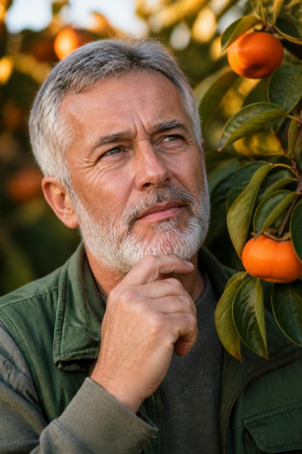 Close-up of a gardener with a thoughtful expression beside a persimmon tree