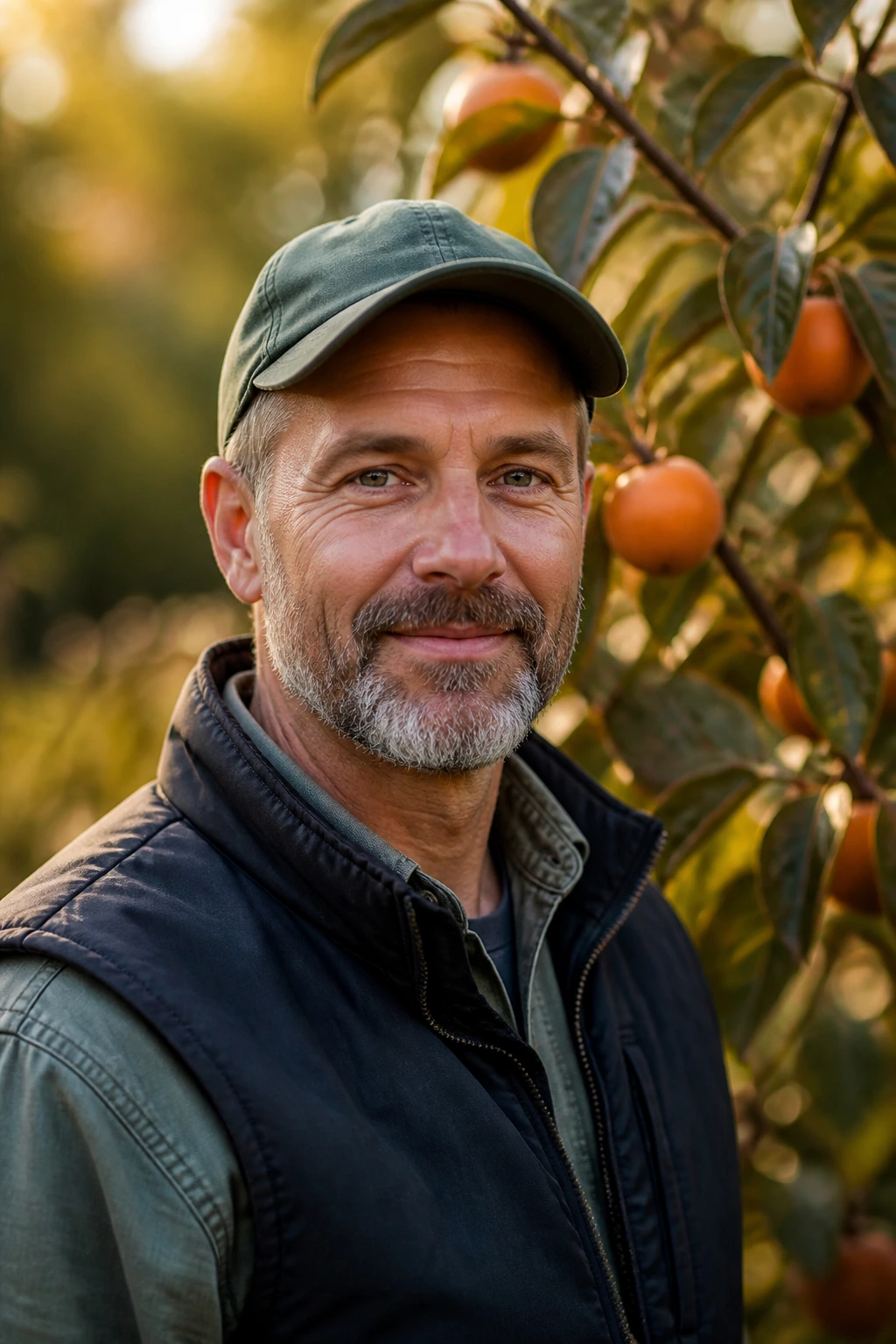 Close-up portrait of a gardener in a garden with a healthy persimmon tree