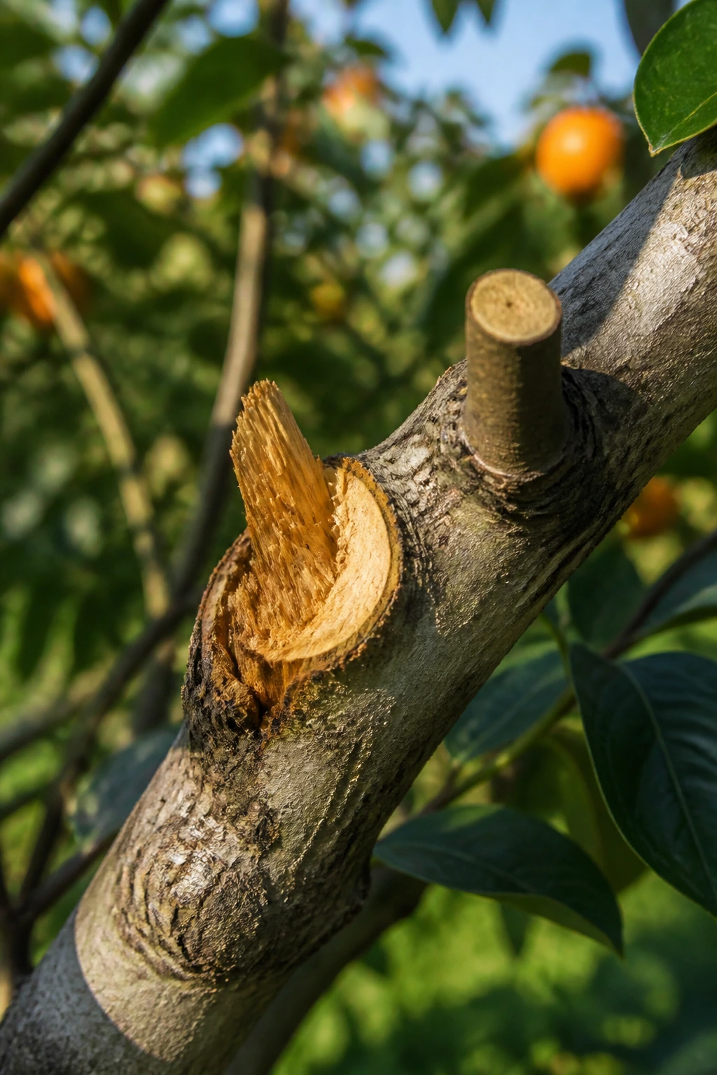 Close-up of a persimmon branch showing a jagged pruning cut in a sunlit orchard
