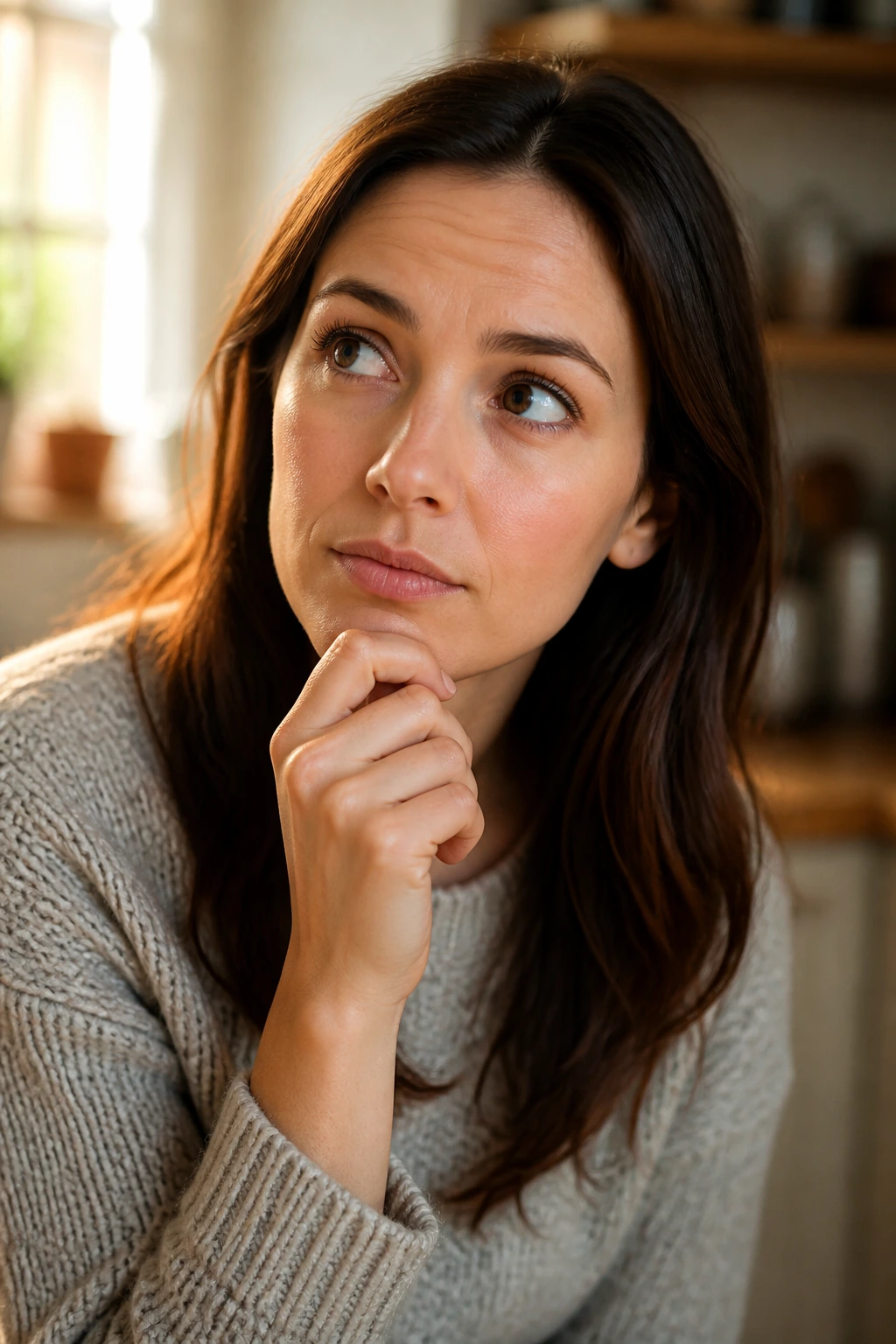 Close-up portrait of a thoughtful real person contemplating persimmons