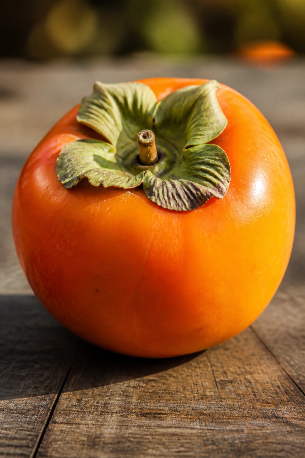 Close-up of a single ripe persimmon with glossy orange skin on a rustic wooden surface