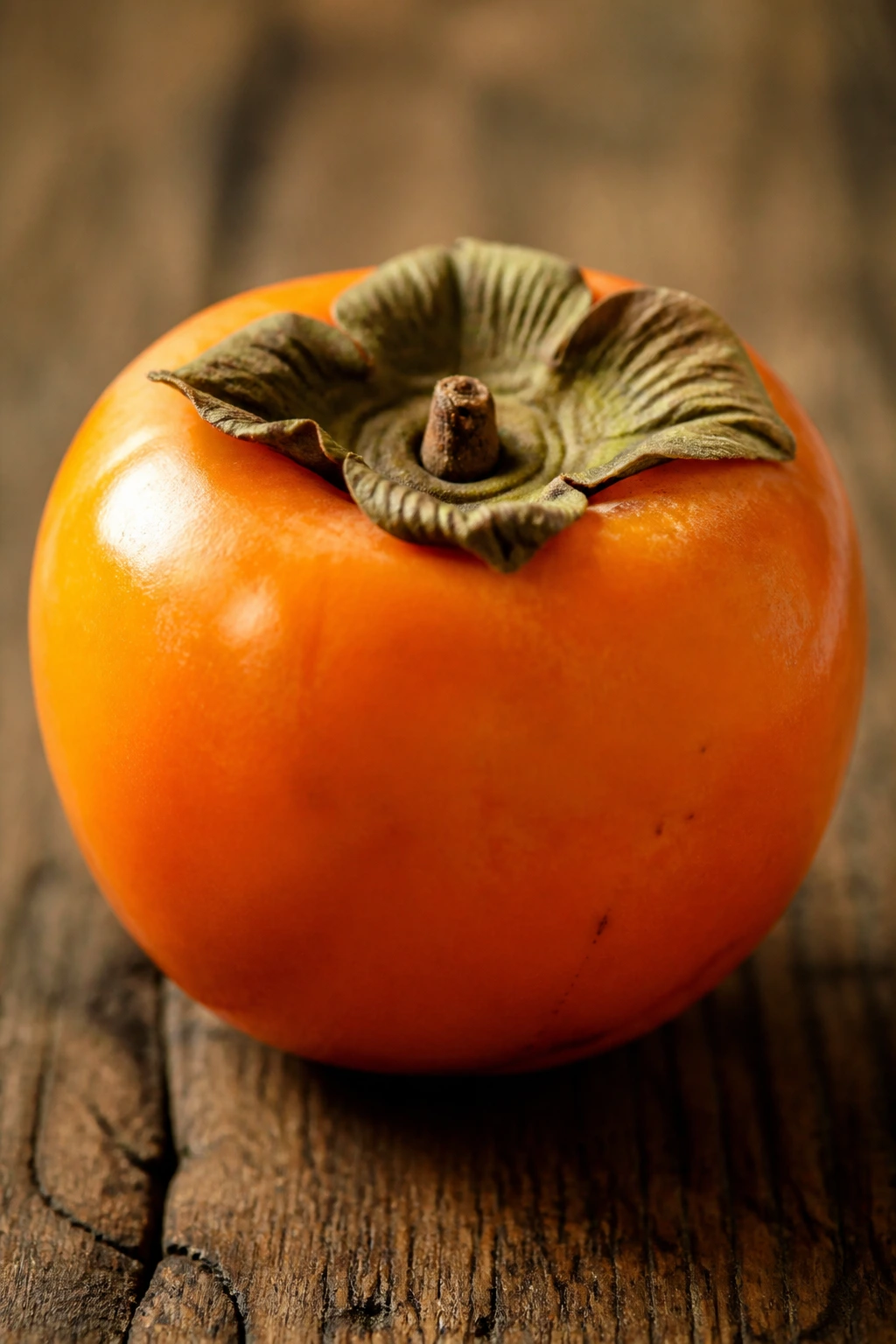 Close-up of a single persimmon on a wooden surface