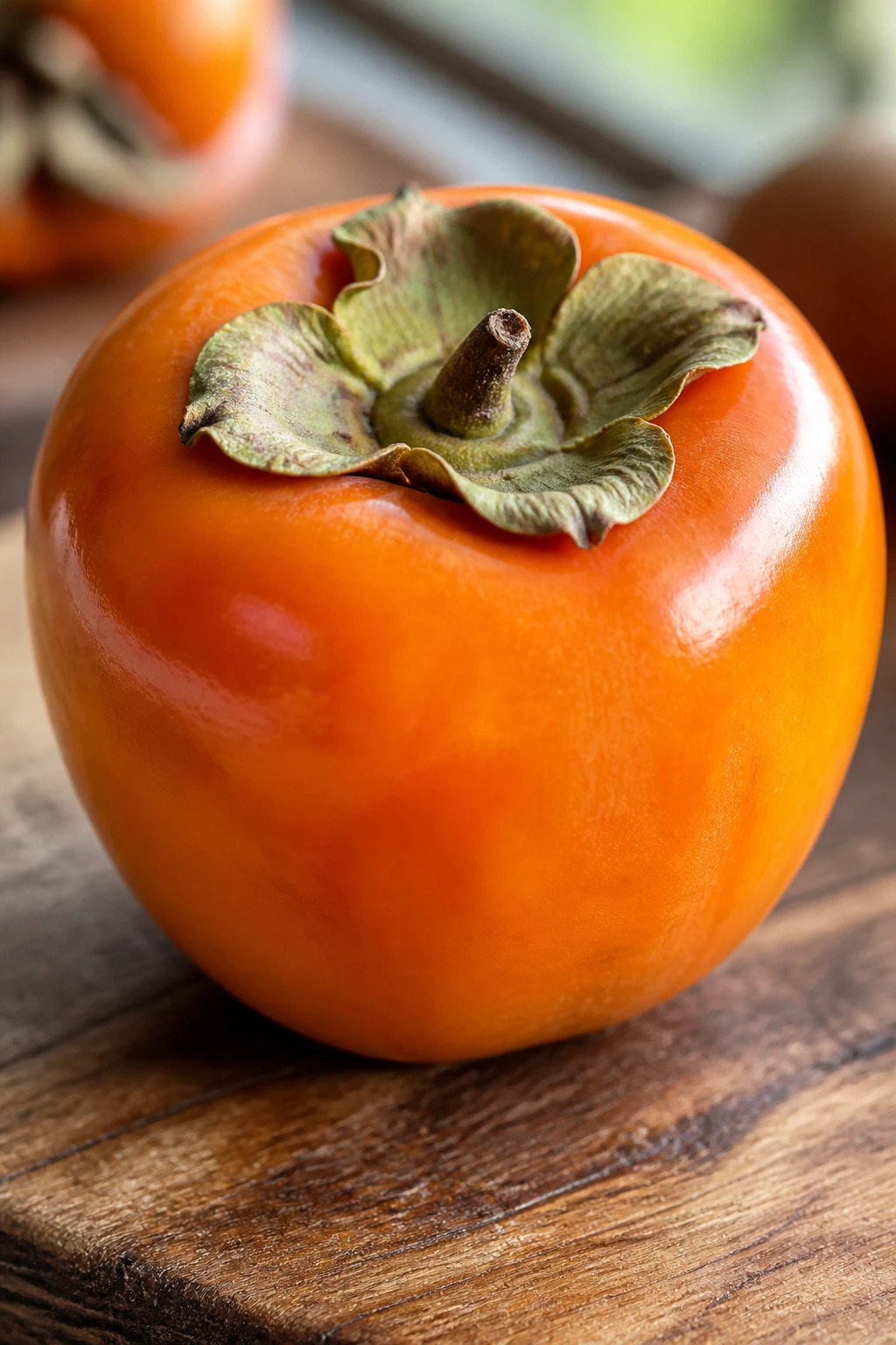 Close-up of a ripe persimmon on a rustic cutting board with glossy orange skin