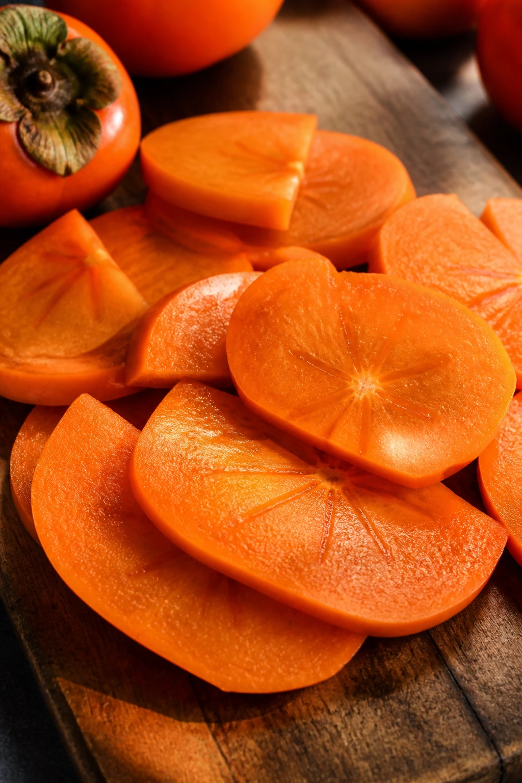 Why Are Persimmons So Expensive? Here's Why 5 Persimmon slices on cutting board showing vibrant orange interiors