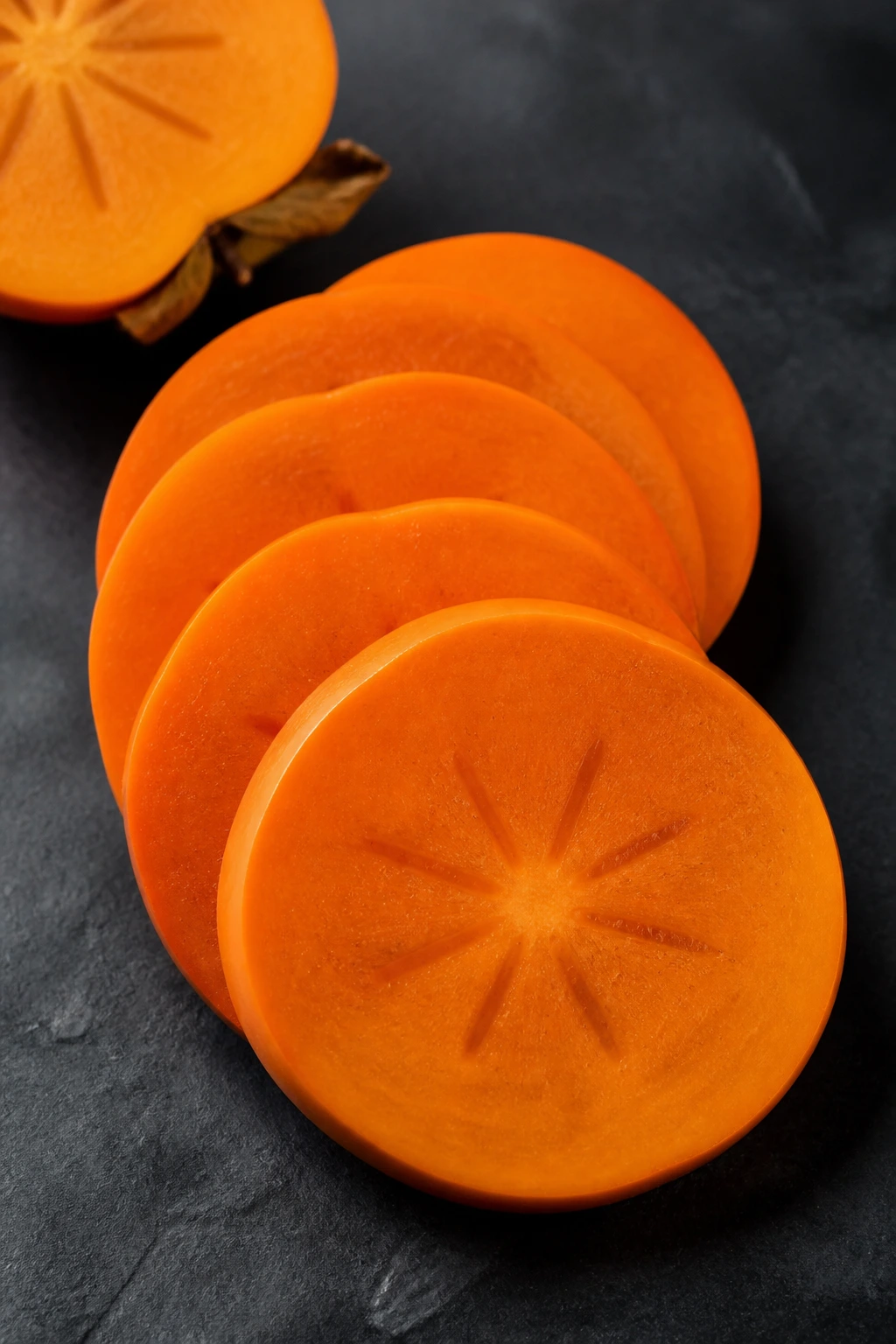 What Is Non Astringent Persimmon? All You Need To Know 6 Persimmon slices stacked on a dark surface
