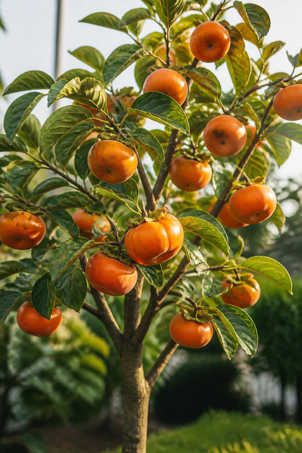 Single self-pollinating persimmon tree with fruit in a garden