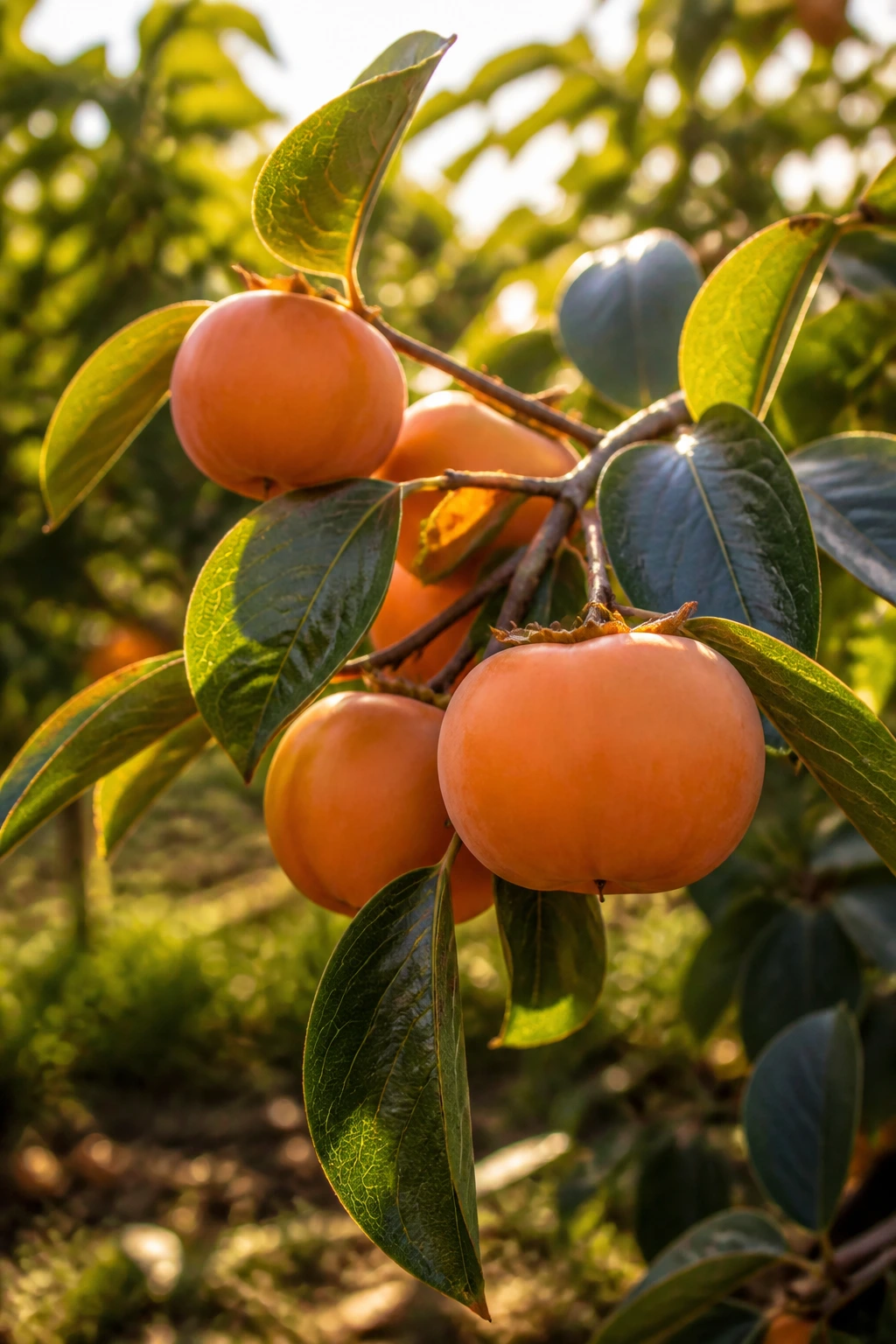 Close-up of ripe persimmons on a branch in a sunlit orchard