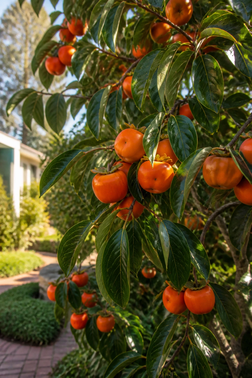 Close-up of a persimmon tree with glossy leaves and orange fruit in a sunlit garden