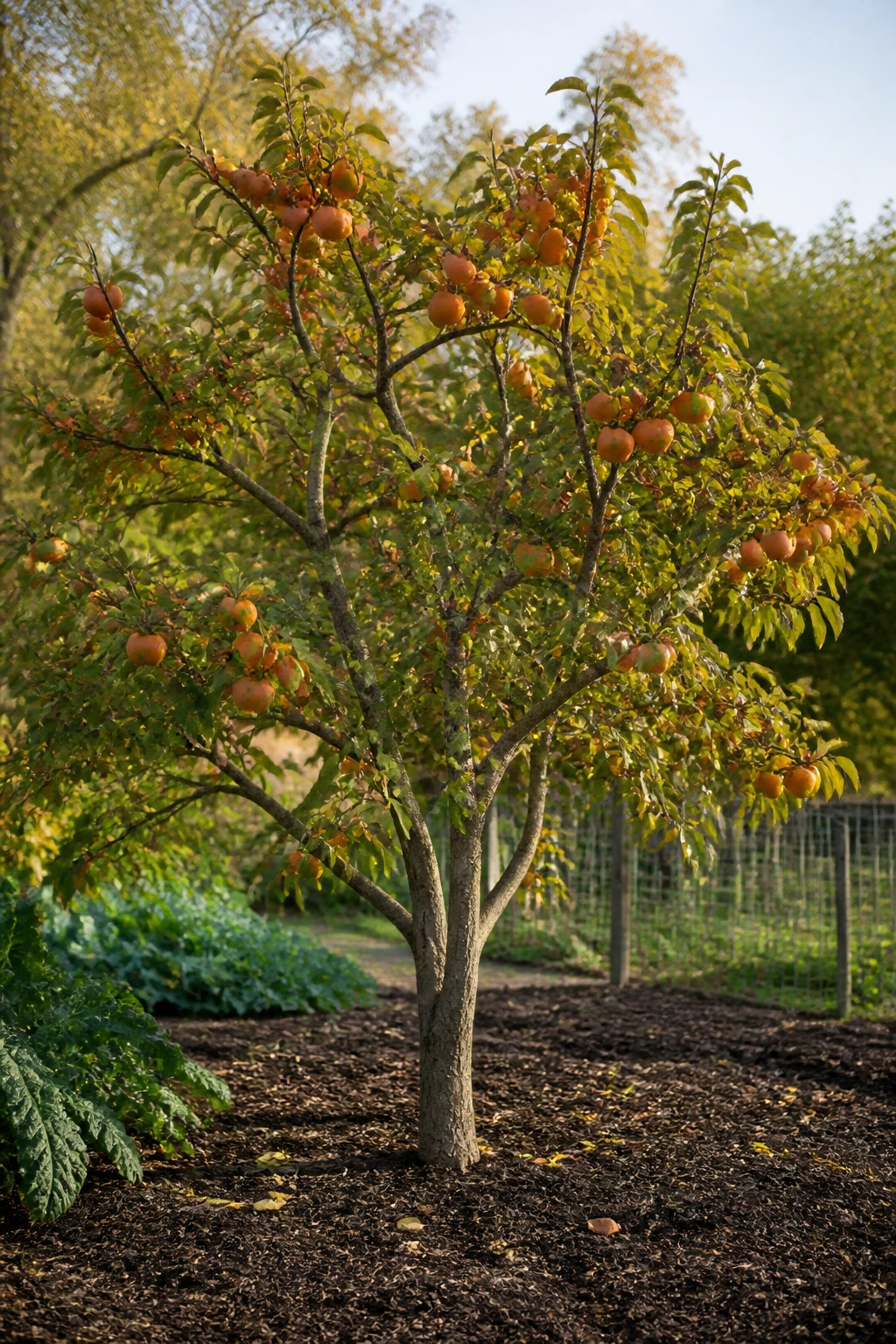 Persimmon tree in a garden with loamy soil at the base