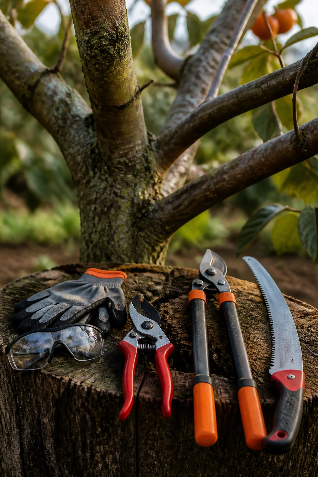 Persimmon tree trunk and branches in a garden