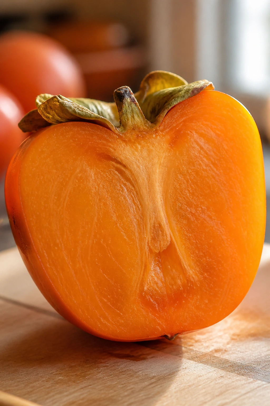 Are Persimmons Good For You? Here Are Its' Many Benefits 2 Halved persimmon showing bright orange flesh on a wooden surface