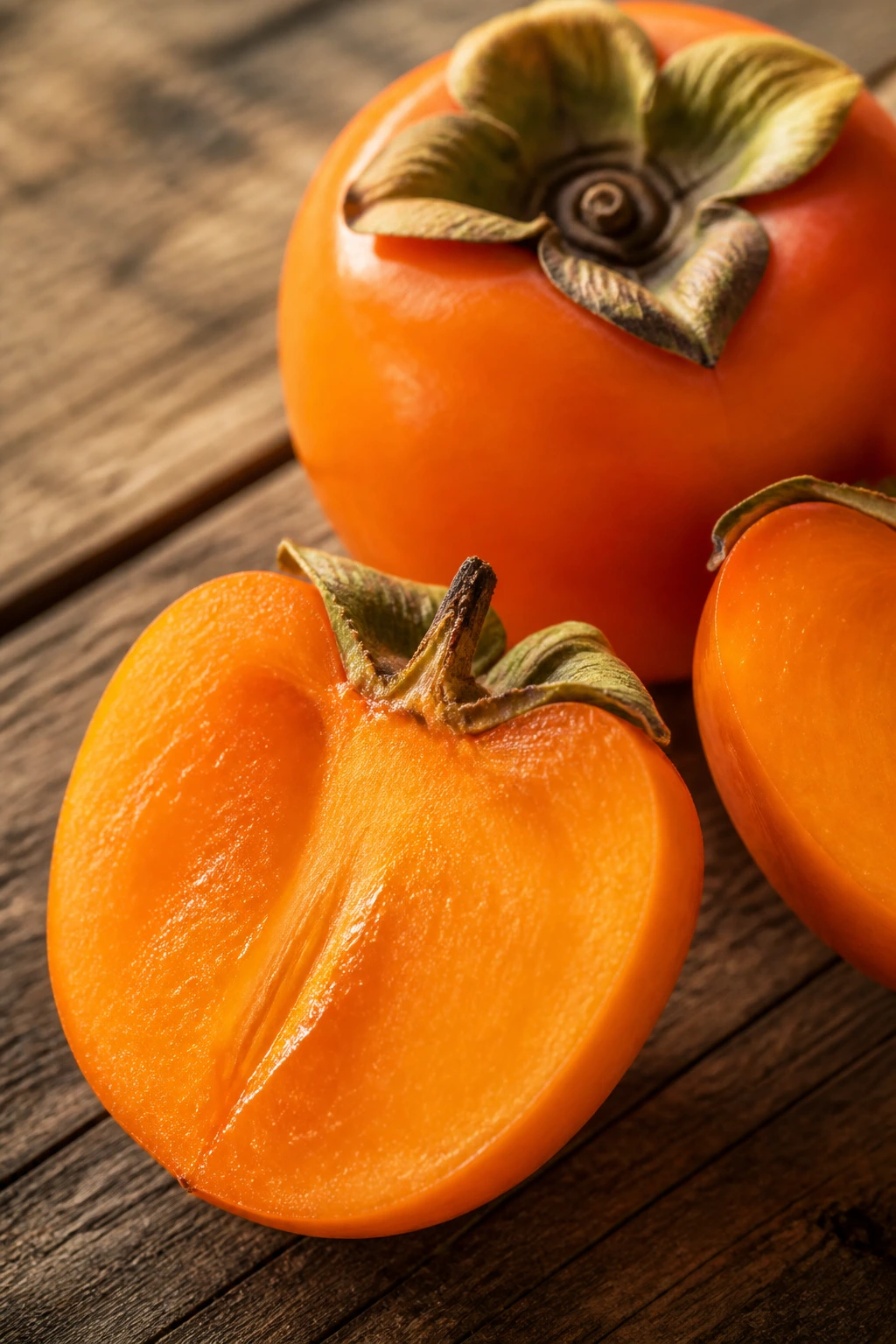 Are Persimmons Good For You? Here Are Its' Many Benefits 1 Close-up of a ripe persimmon with orange flesh on wooden surface