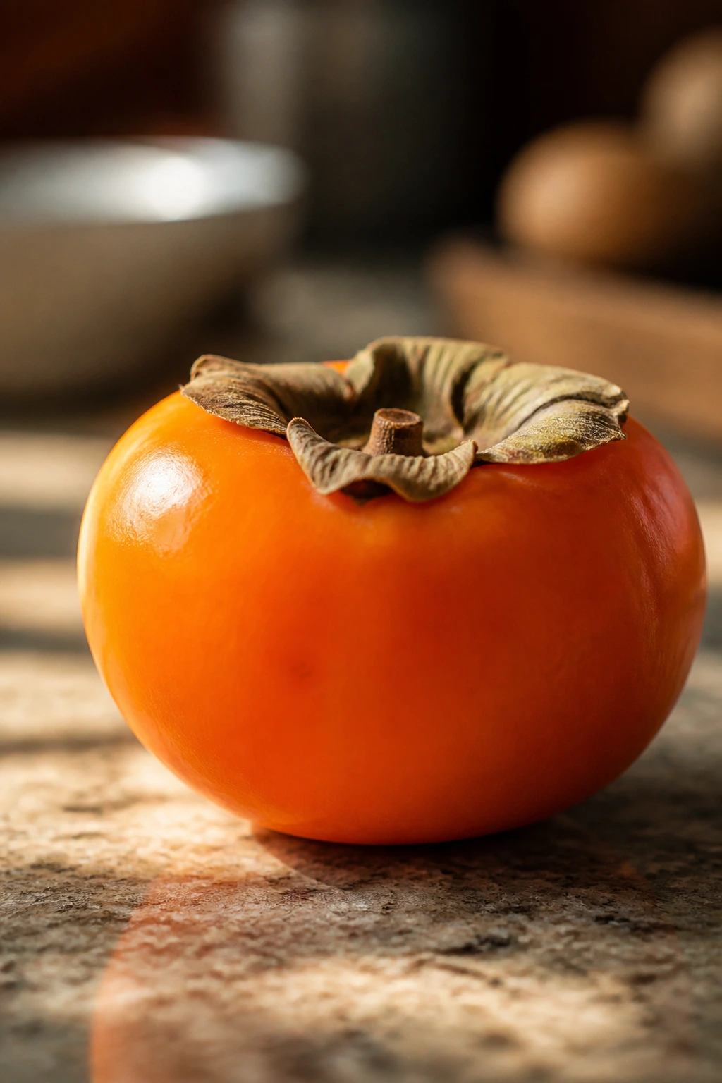 American vs Japanese Persimmon: What's The Difference? 5 Close-up of a persimmon on a kitchen counter, implying questions about the fruit