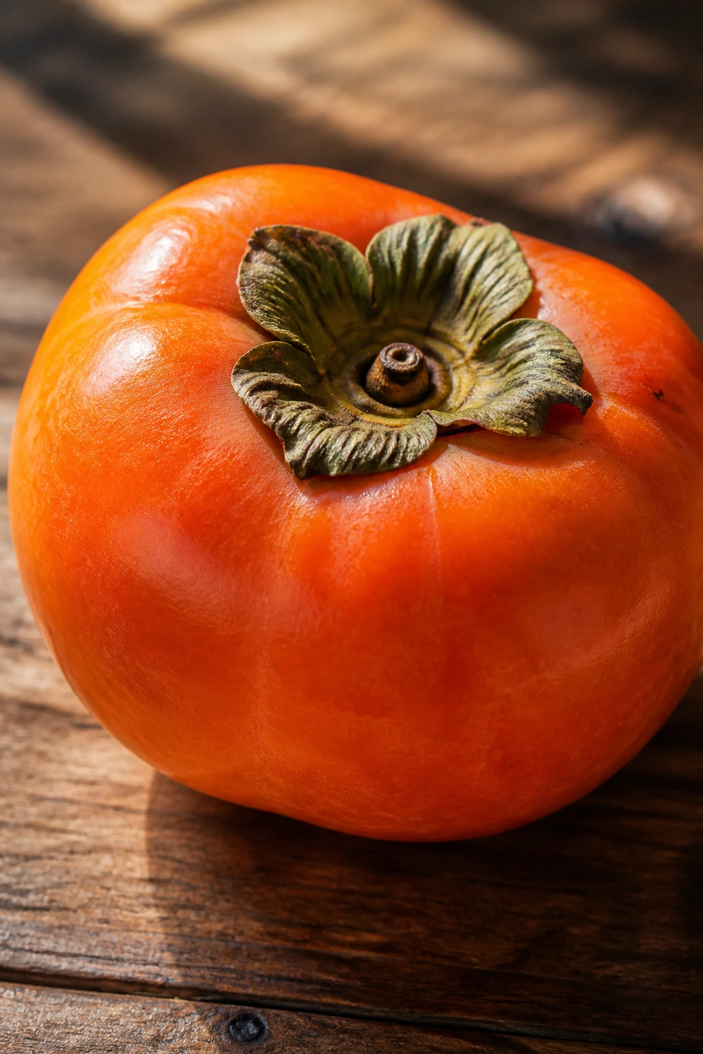 Why Are Persimmons So Expensive? Here's Why 1 Close-up of a ripe persimmons fruit on a wooden surface, highlighting orange skin