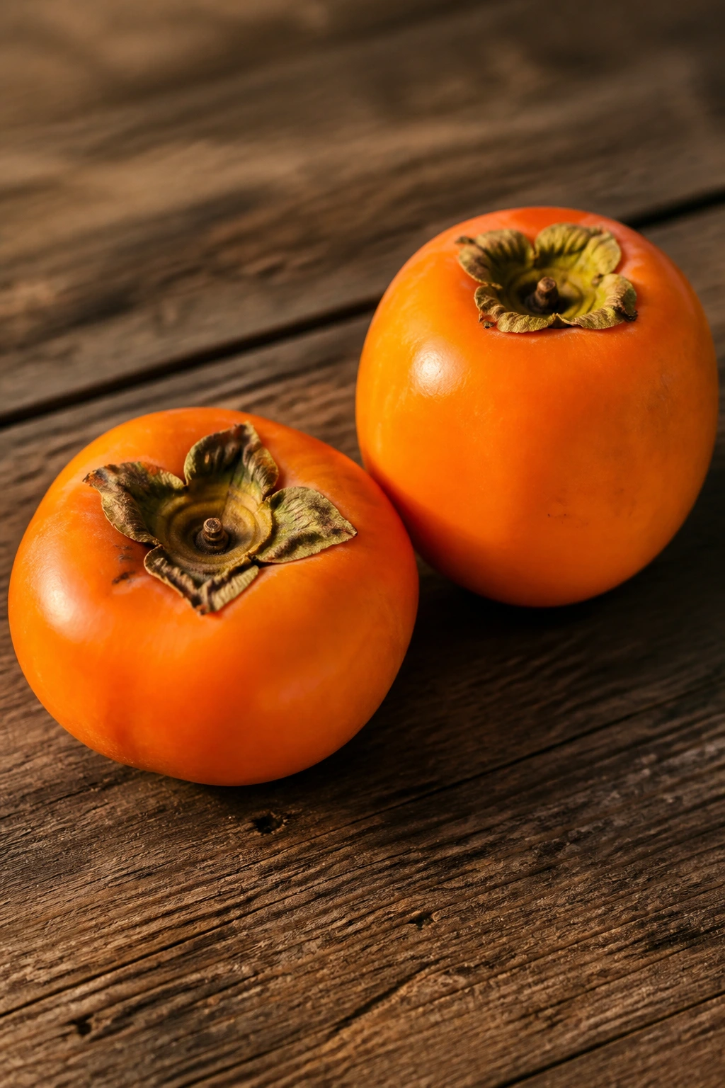 What Is Non Astringent Persimmon? All You Need To Know 2 Two non-astringent persimmons of different shapes on a wooden surface