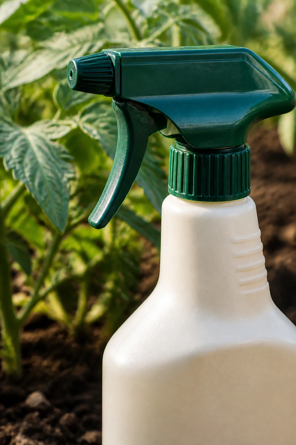 Close-up of a generic pesticide spray bottle in a tomato garden