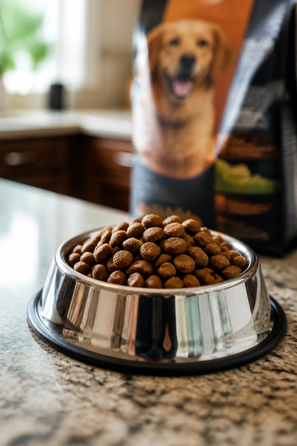 Dog food bowl with a blurred bag in the background illustrating ingredients.