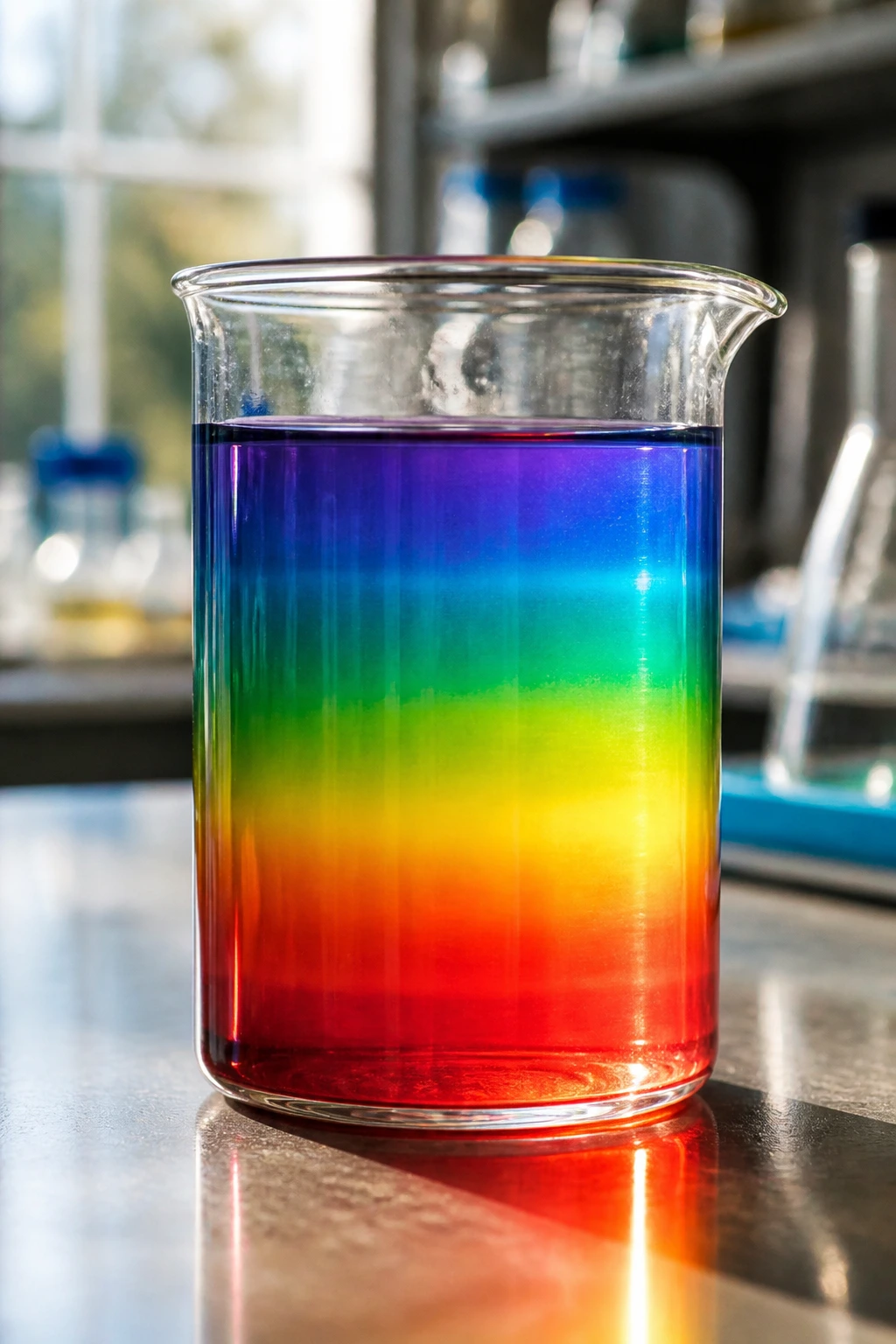 Close up of a glass beaker with gradient colors indicating acidity on a lab counter