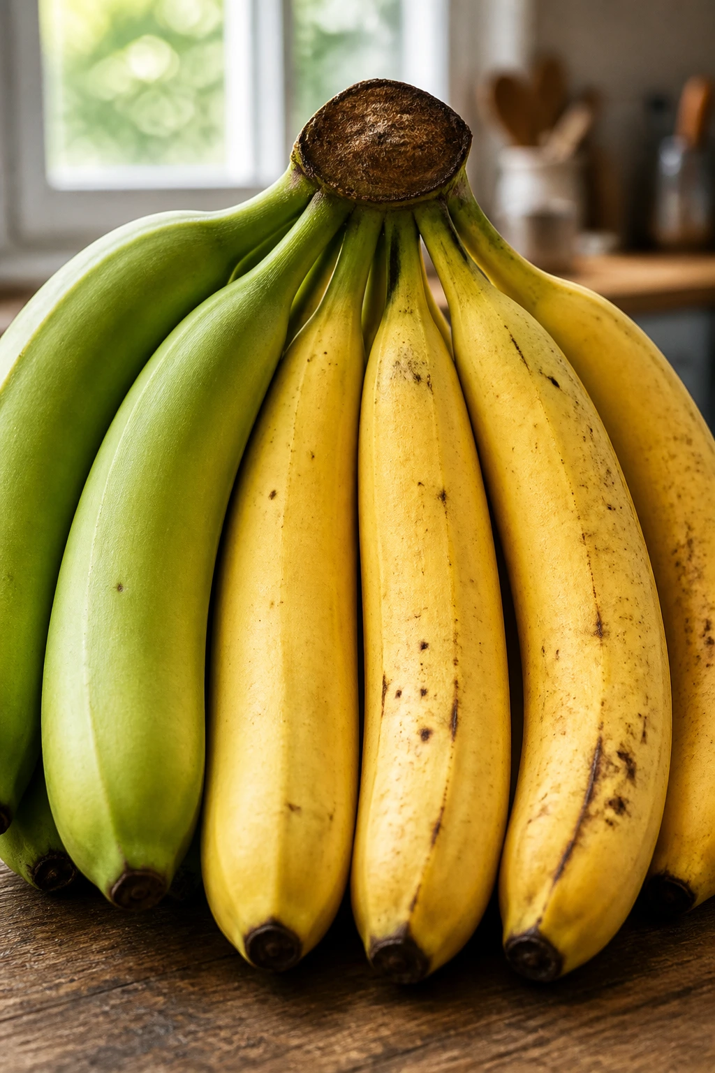 Bananas showing different ripeness on a wooden surface.