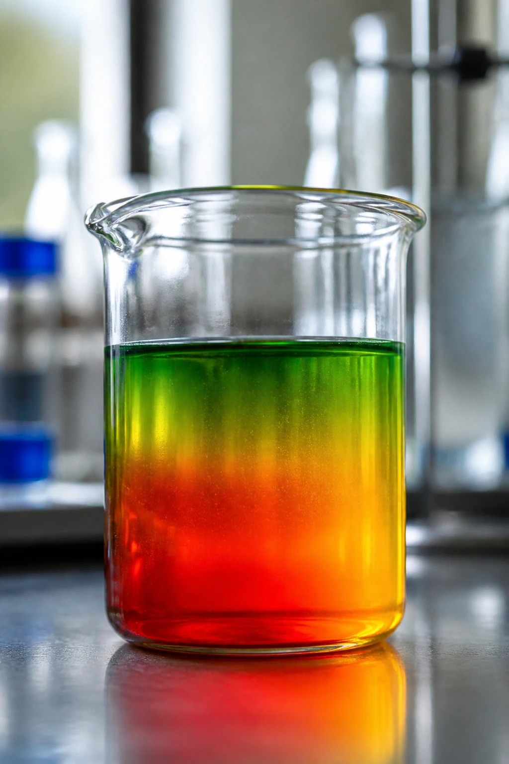Close-up of a beaker with pH indicator color gradient representing acidity in a lab setting