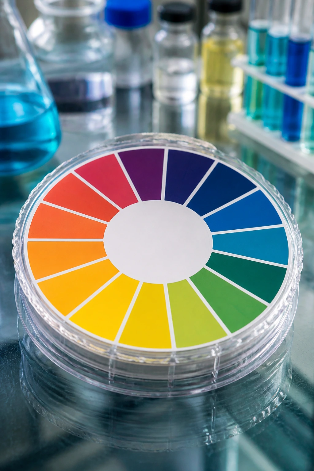 Close-up of a text-free pH scale color gradient gauge in a lab.