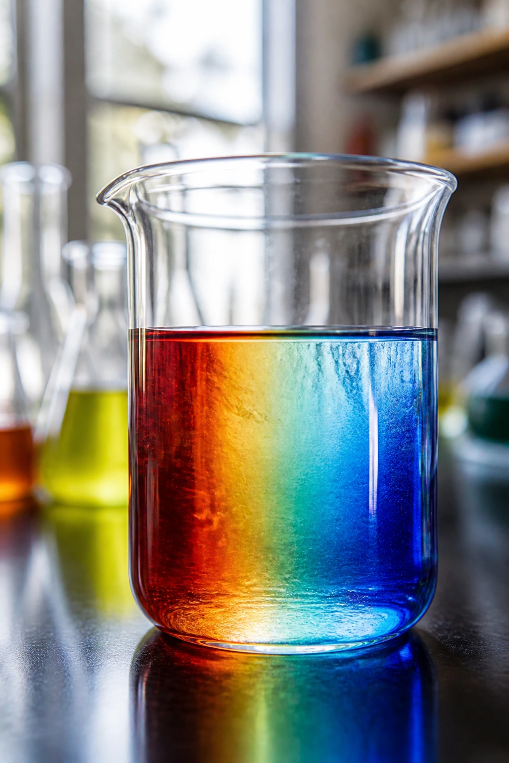 Close-up of a glass beaker with a color gradient illustrating pH from acidic to alkaline in a lab setting