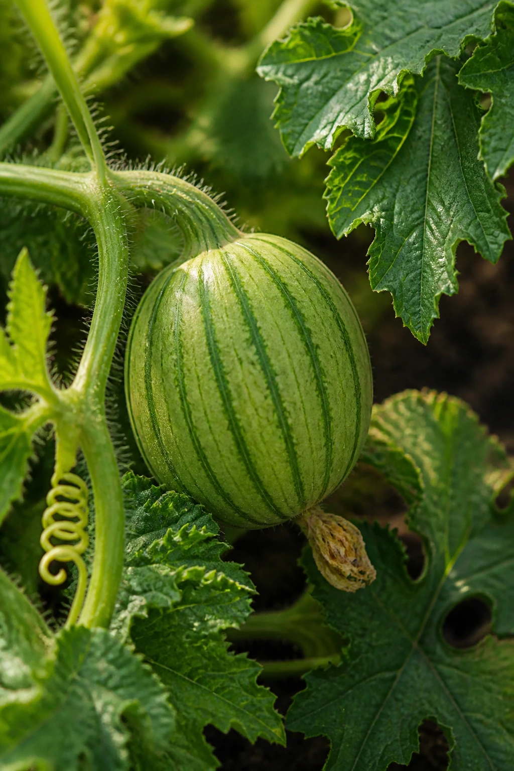 Gardener's Guide: The Best Fertilizer for Watermelons 3 Young watermelon fruit forming on vine with leaves in a sunlit garden