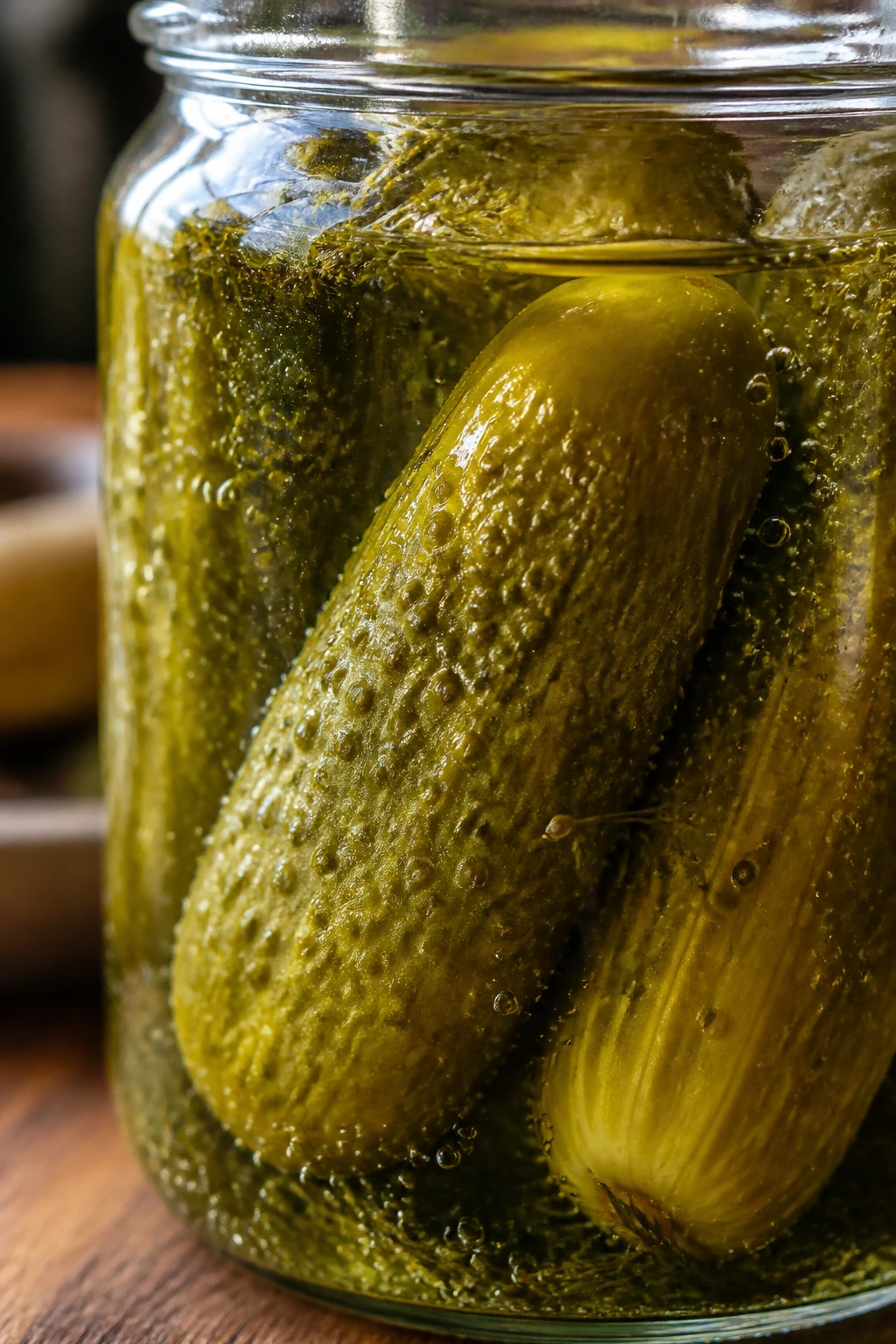 Close-up of a pickle in brine inside a glass jar