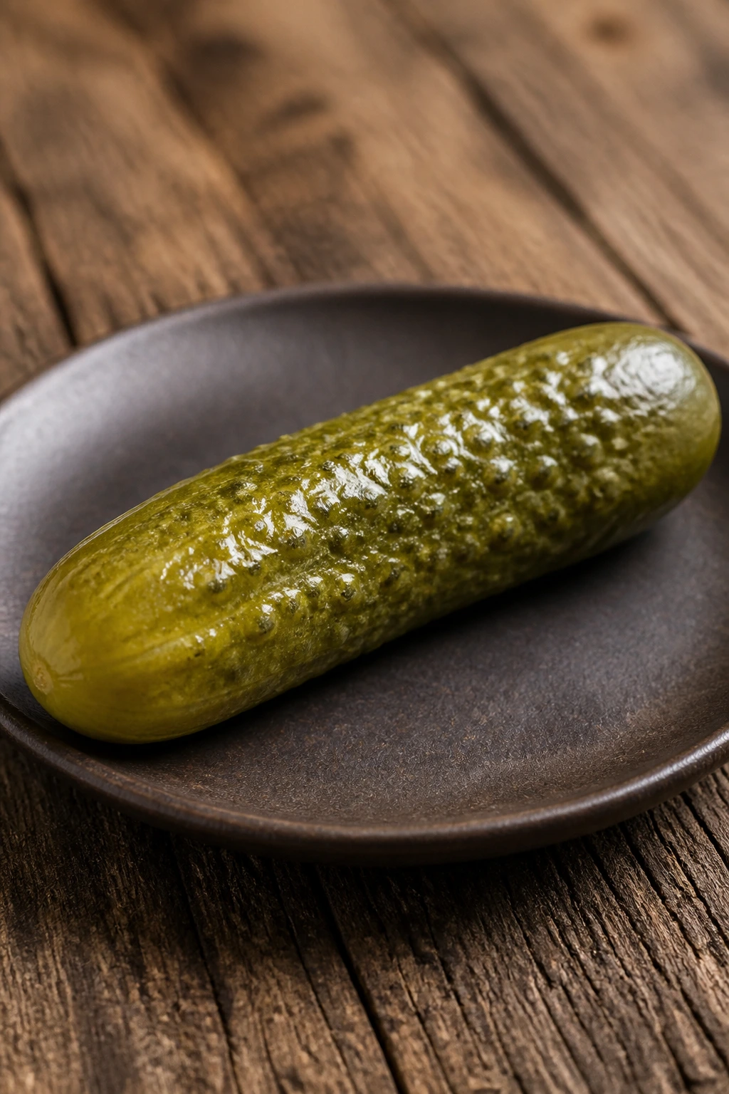 Green pickle on dark plate on wooden table