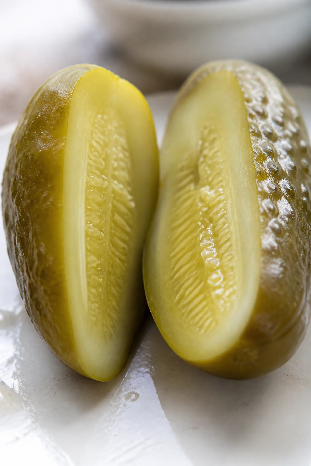 Close-up of a pickle half highlighting texture and moisture