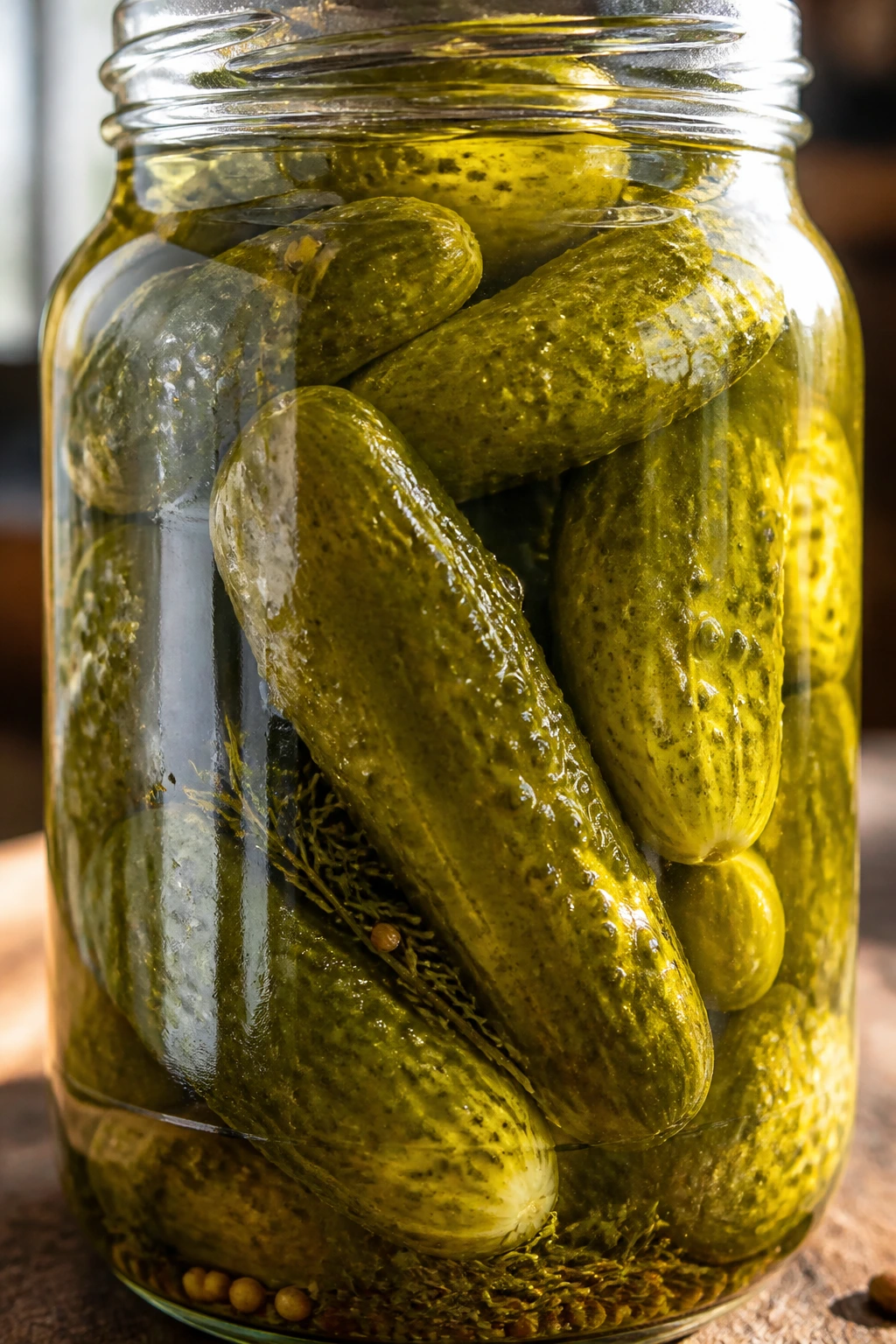 How to Pickle Cucumbers for Long-Term Storage 1 Close-up of pickled cucumbers in a glass jar on a warm kitchen counter