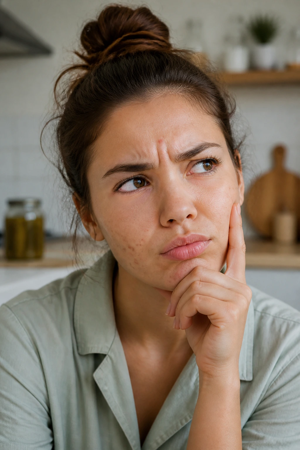 Portrait of a perplexed person in a kitchen contemplating pickles and acne