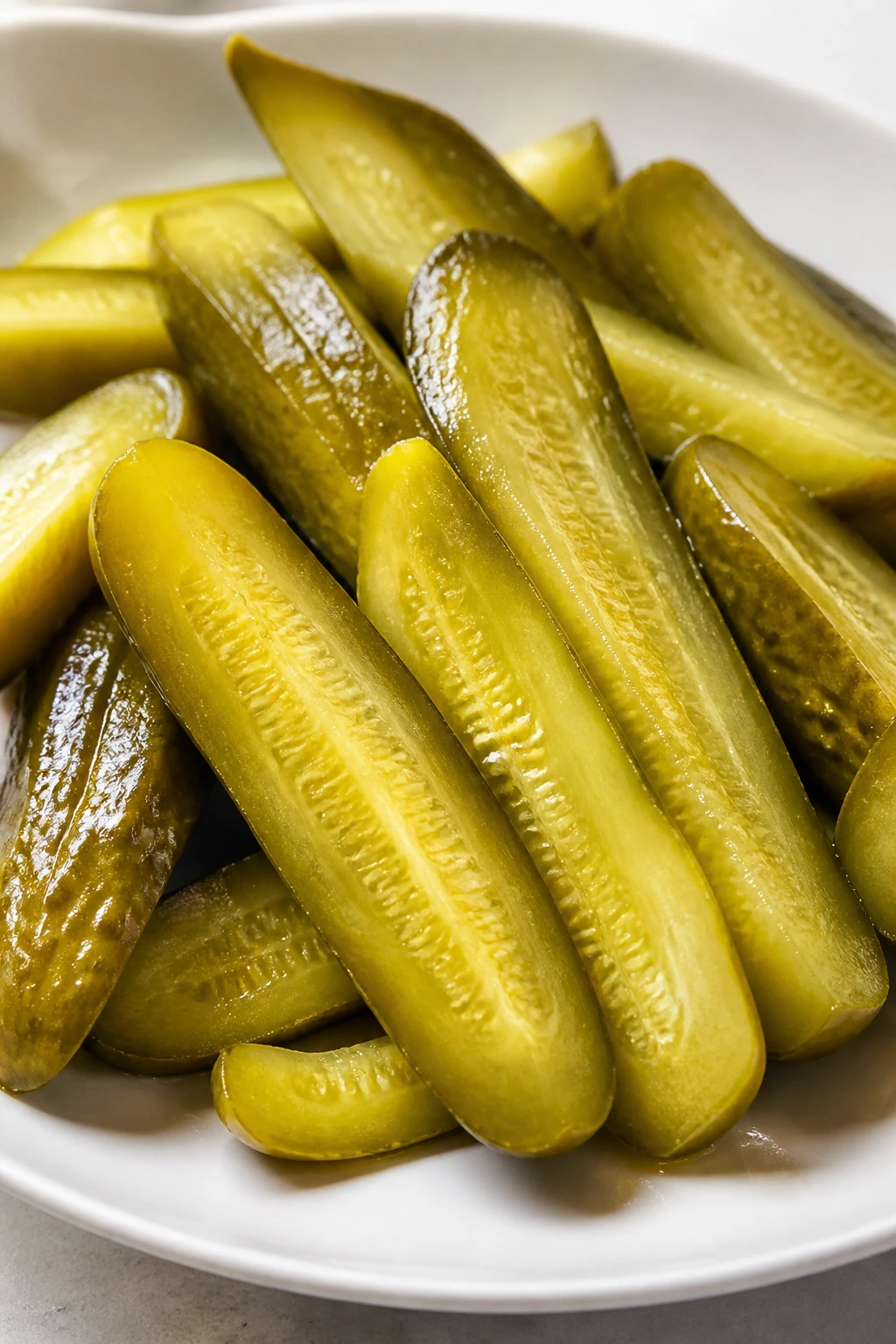 Close-up of crisp pickle spears on a white plate