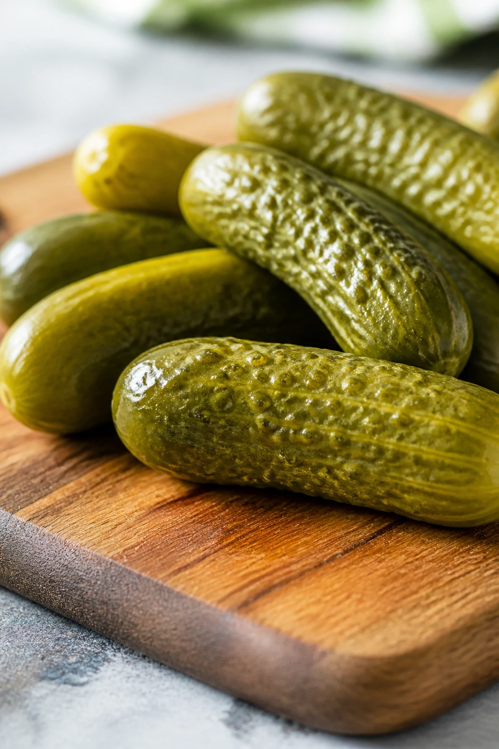 Close-up of green pickles on a wooden board in a kitchen