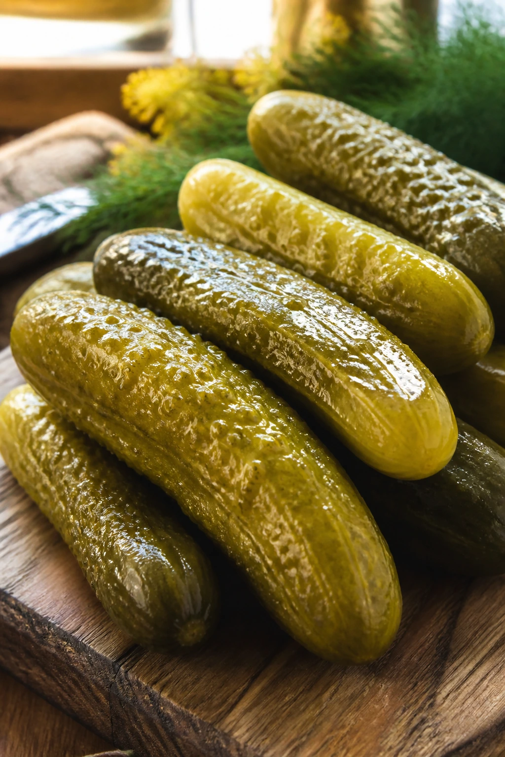 Close-up of bright green pickles on a rustic wooden board