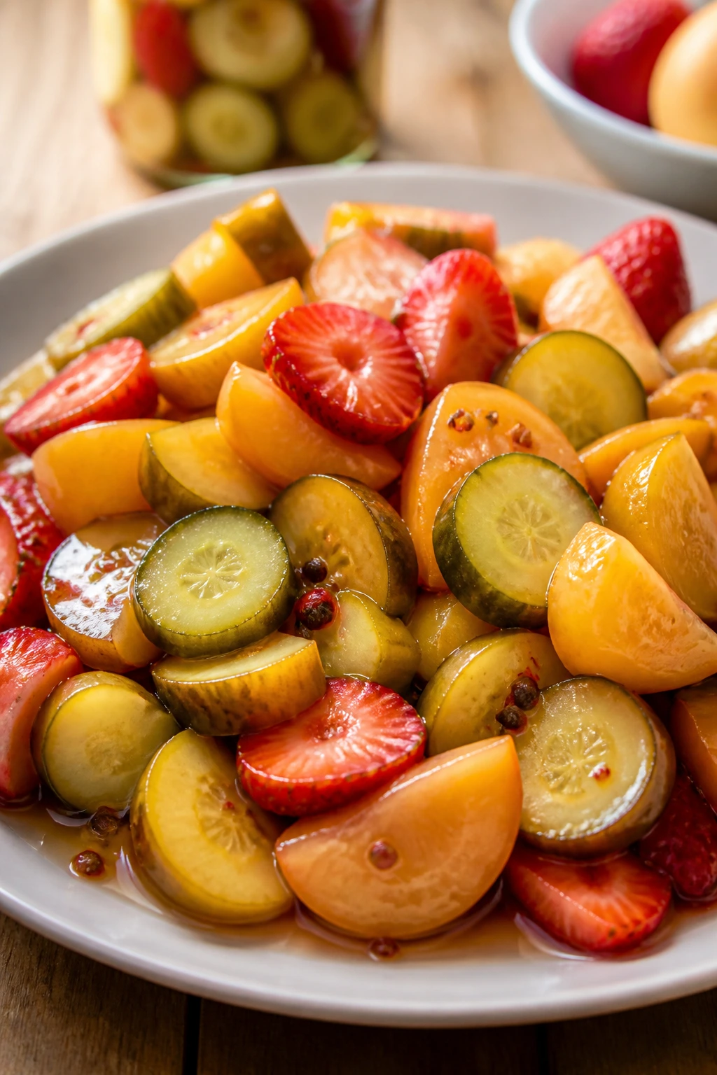 How Do You Pickle A Fruit At Home? For Maximum Freshness 2 Glossy pickled fruits on a plate in a cozy kitchen