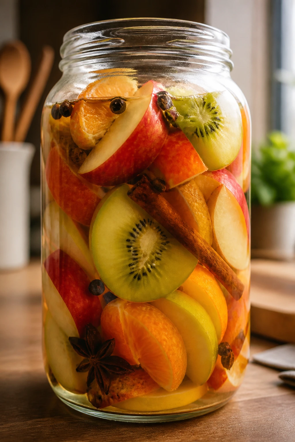 How Do You Pickle A Fruit At Home? For Maximum Freshness 1 Close-up of a jar of pickled fruits in brine on a kitchen counter