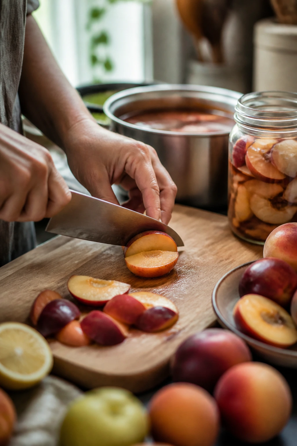 How Do You Pickle A Fruit At Home? For Maximum Freshness 4 Hands slicing fruit on cutting board for pickling