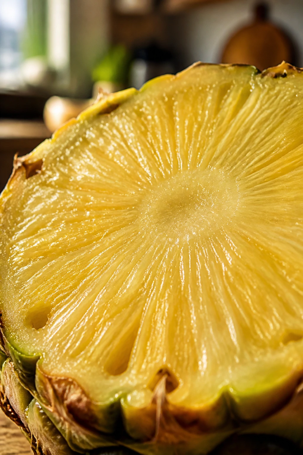 Refreshing Solution: How to Get Rid of Pineapple Aftertaste? 1 Close-up pineapple slice illustrating aftertaste concept in a warm kitchen