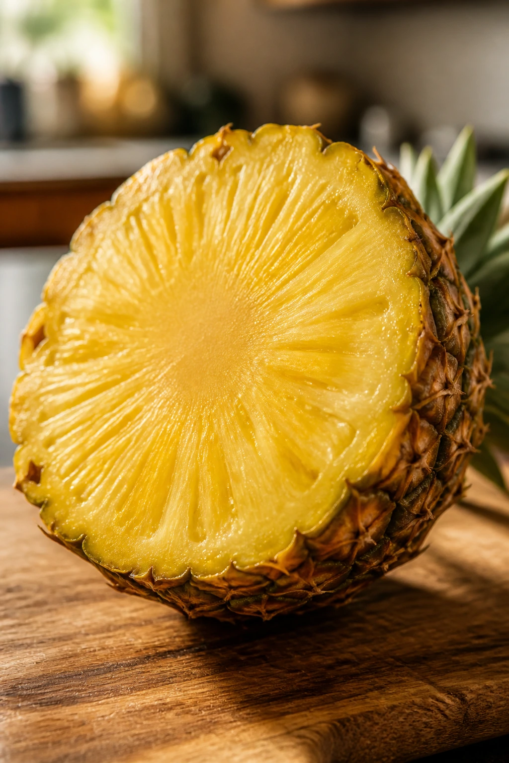 Refreshing Solution: How to Get Rid of Pineapple Aftertaste? 2 Close-up of ripe pineapple half on cutting board suggesting methods to lessen aftertaste