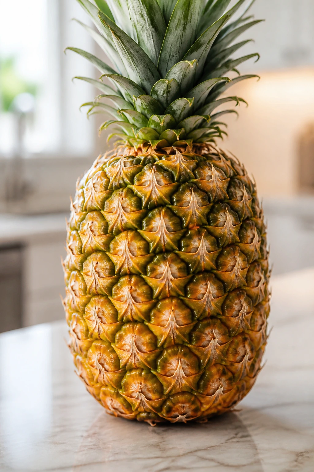 Does Pineapple/Pineapple Juice Help With Swelling & Bruising? 3 Close-up of a pineapple on a kitchen counter.