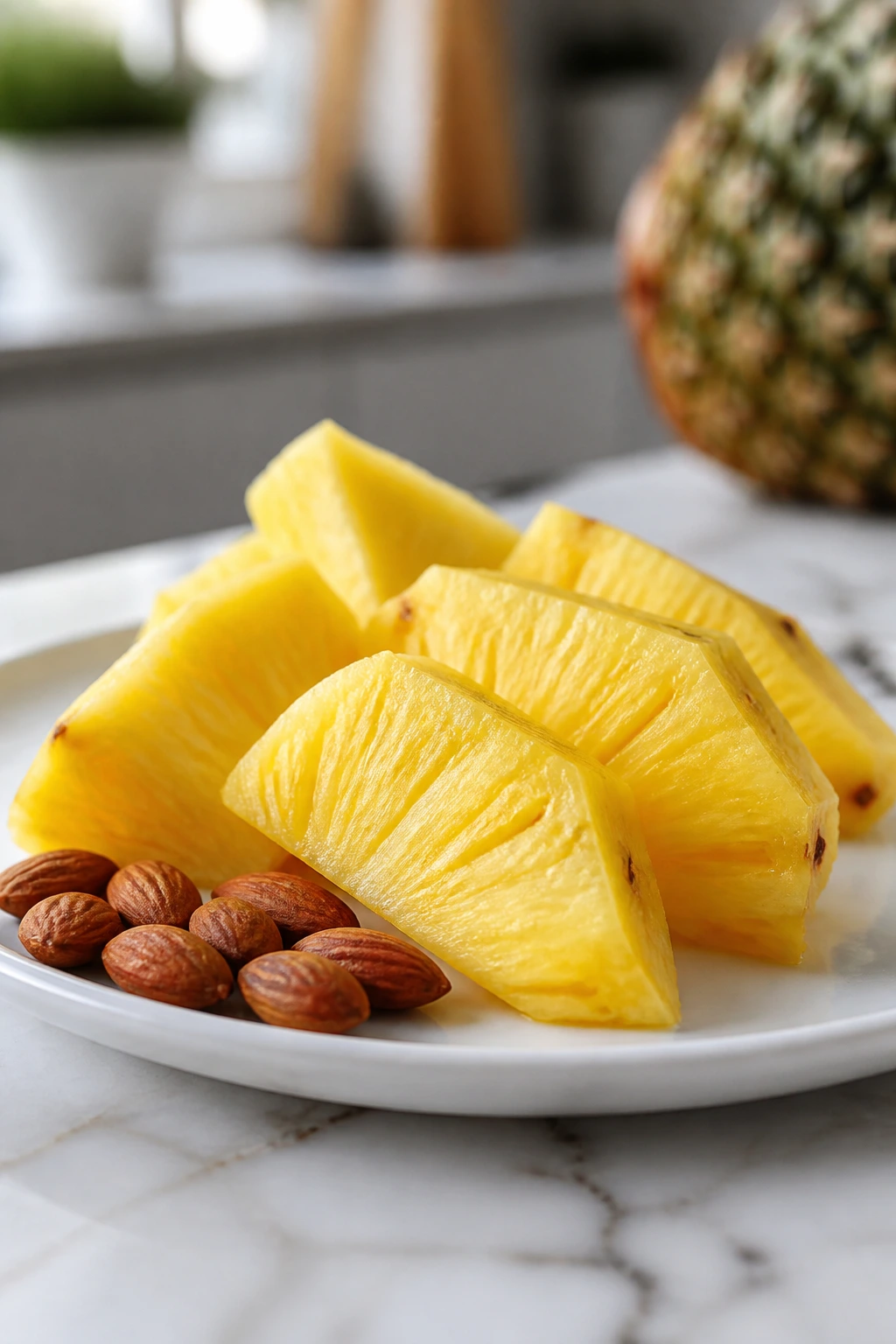 Pineapple with almonds on plate, portion-controlled presentation