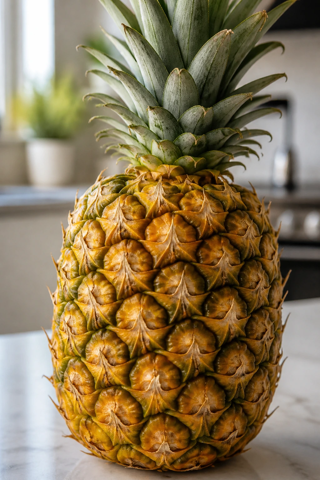 Close-up of a pineapple showing rough skin and crown on a kitchen counter