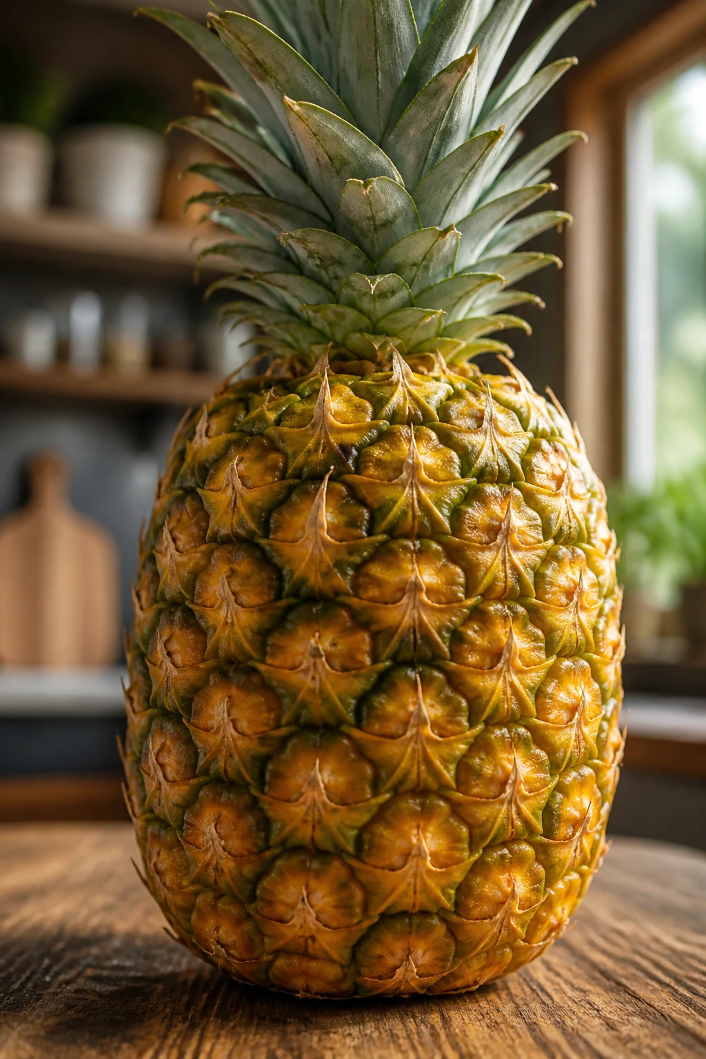 Close-up of a ripe pineapple filling the frame on a wooden kitchen counter with window light