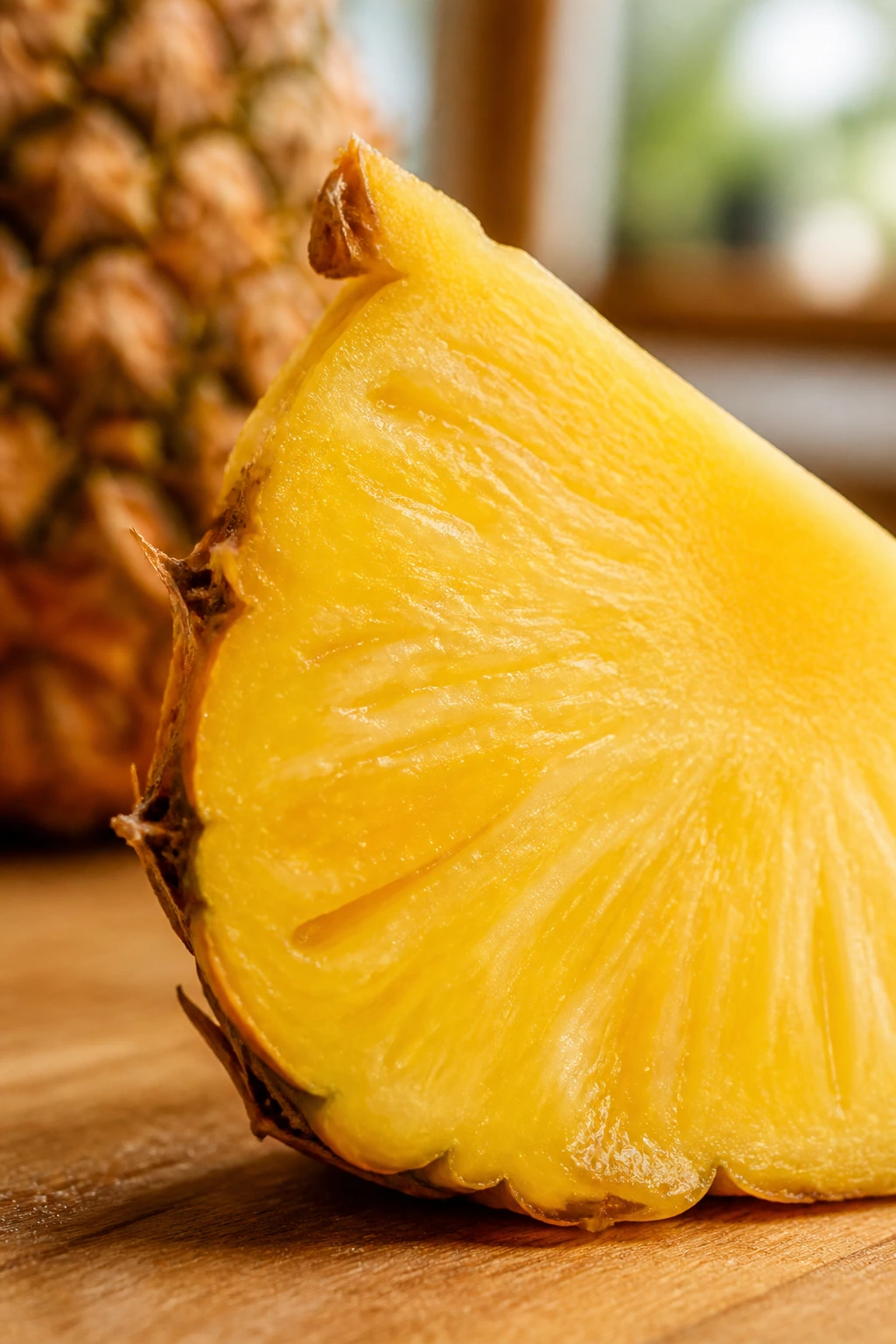 Close-up of a pineapple wedge filling the frame on a cutting board in a warm kitchen