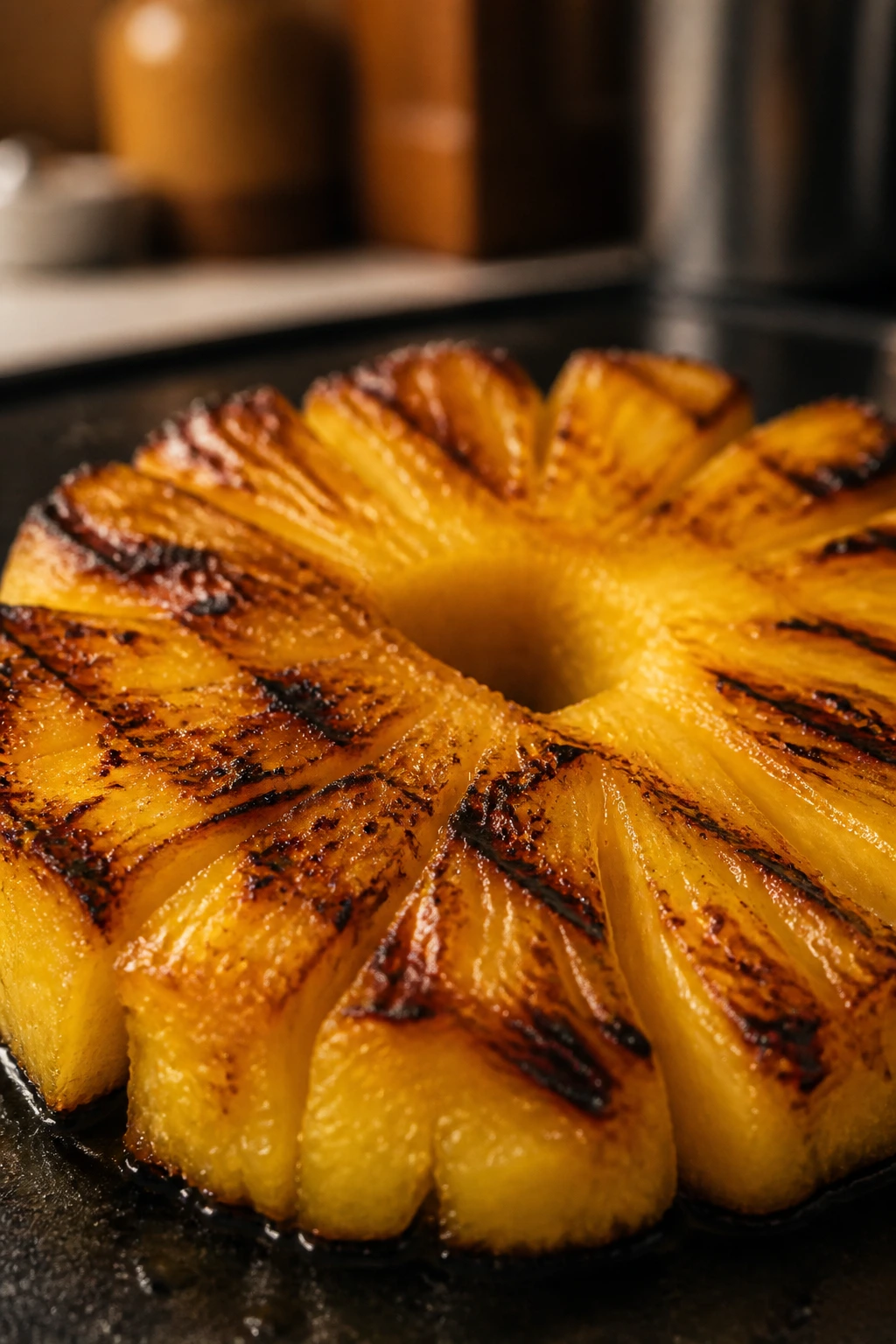 Grilled pineapple slice filling the frame on a dark surface